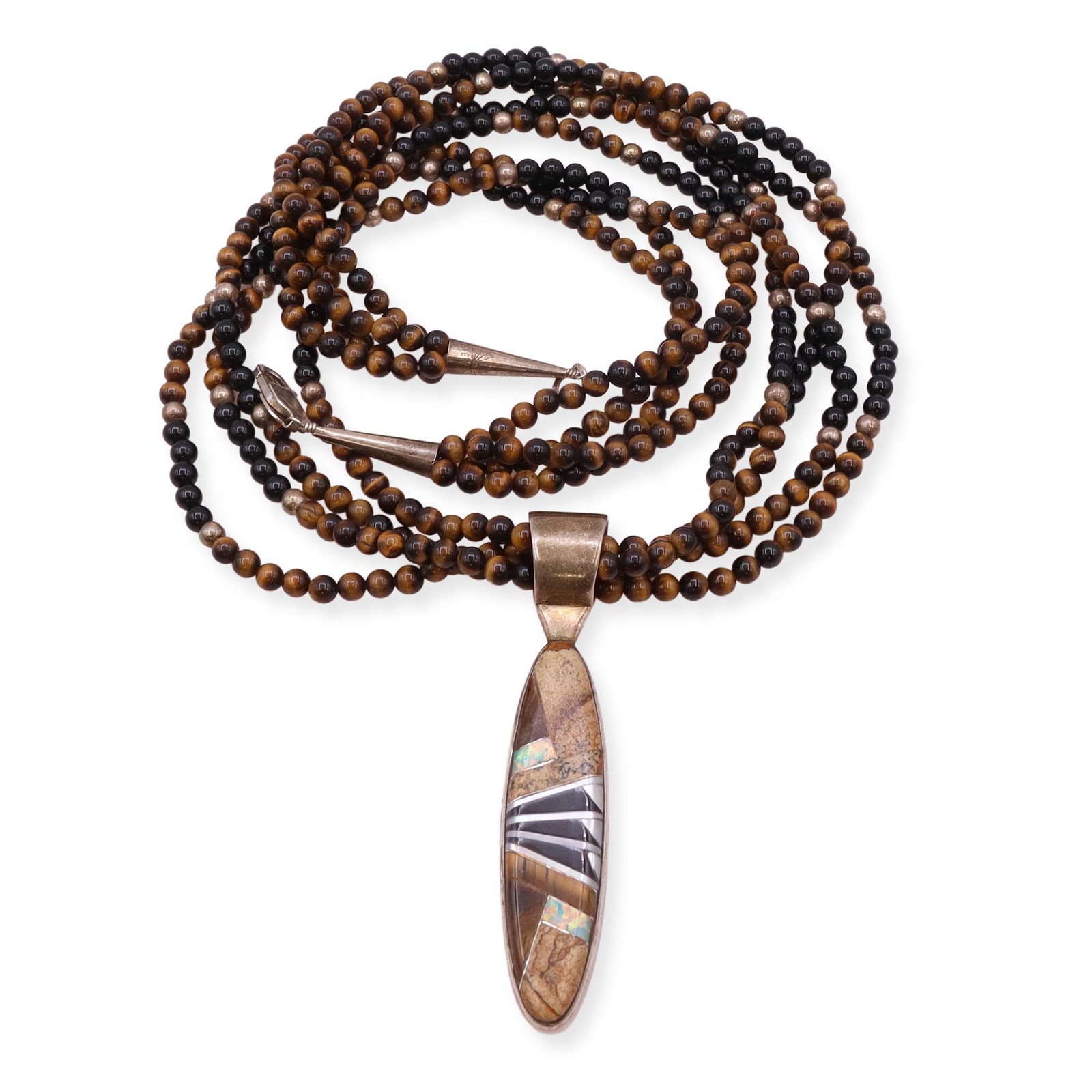 Vintage Southwest Sterling Silver Multi-Stone Inlay Beaded Multi-Strand Necklace