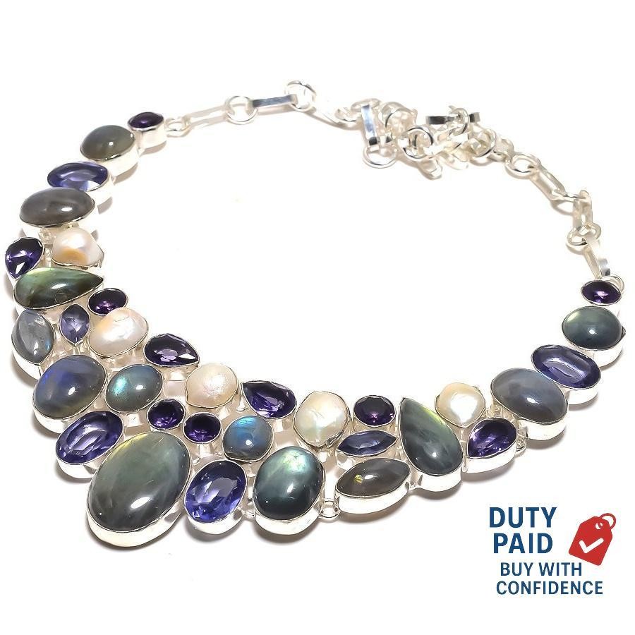 Natural Labradorite Sterling Silver Chain Elegant Channel Set Necklace Jewelry