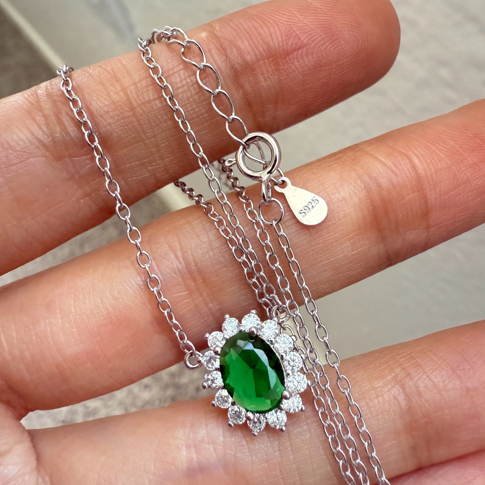 925 Sterling Silver Necklace 8x6mm Natural Emerald Zircon Flower Handmade Chain