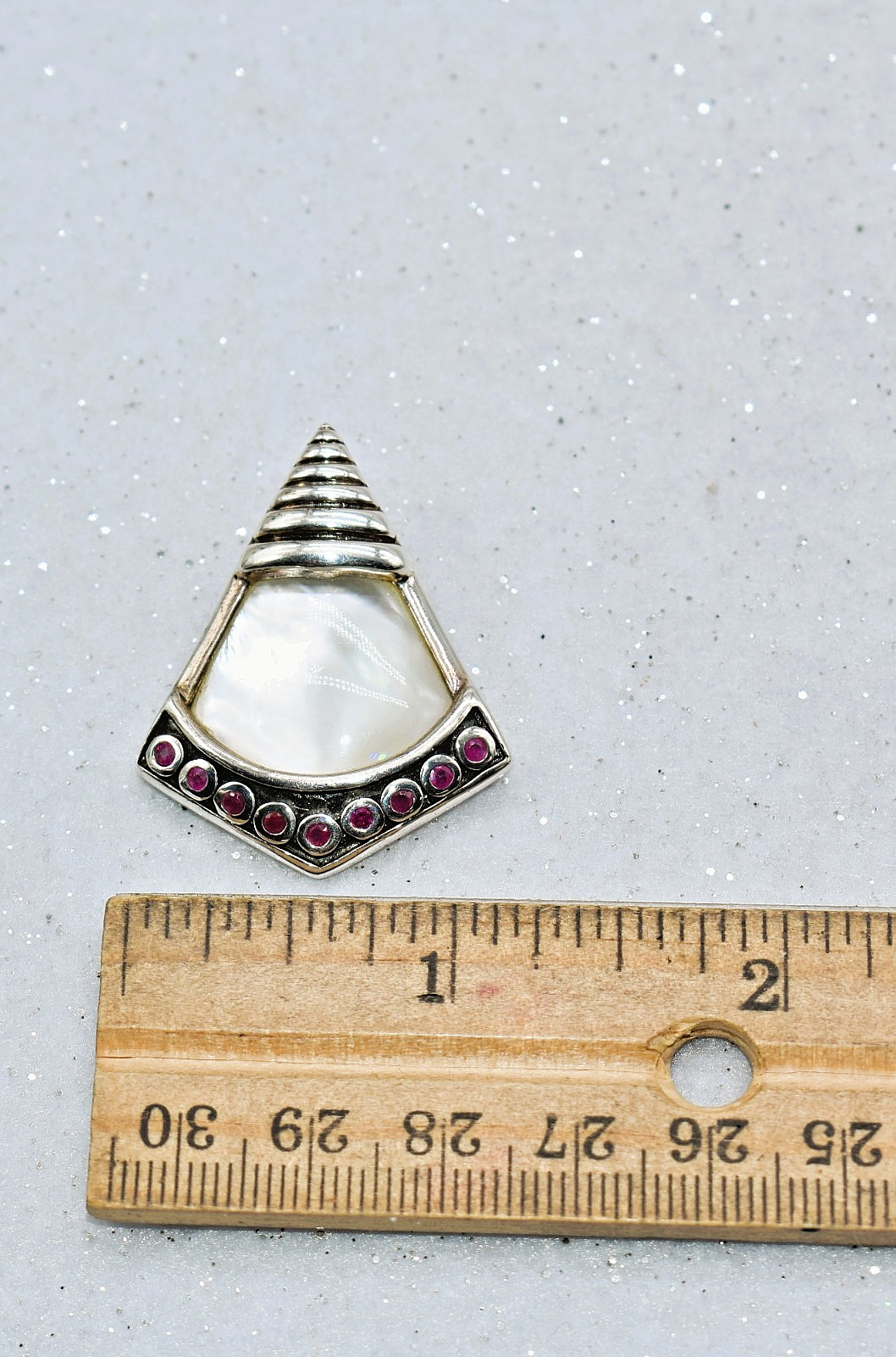 Mother of Pearl & Rubies Sterling Silver Thailand Pendant 1-1/2 inch