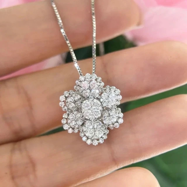 1.70Ct Round Cut Moissanite Cluster Flower Pendant 14K White Gold Plated Silver