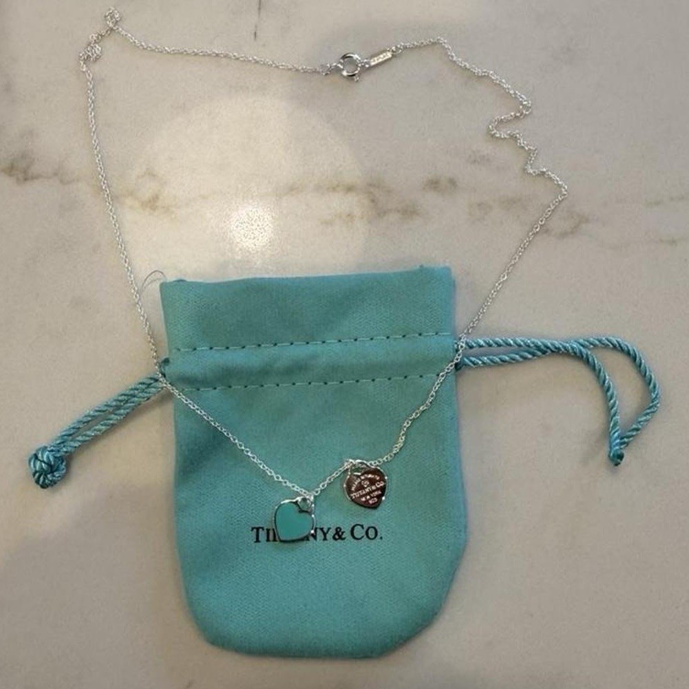 Please Return Tiffany & Co Silver Mini Double Heart Blue Enamel 16″ Necklace
