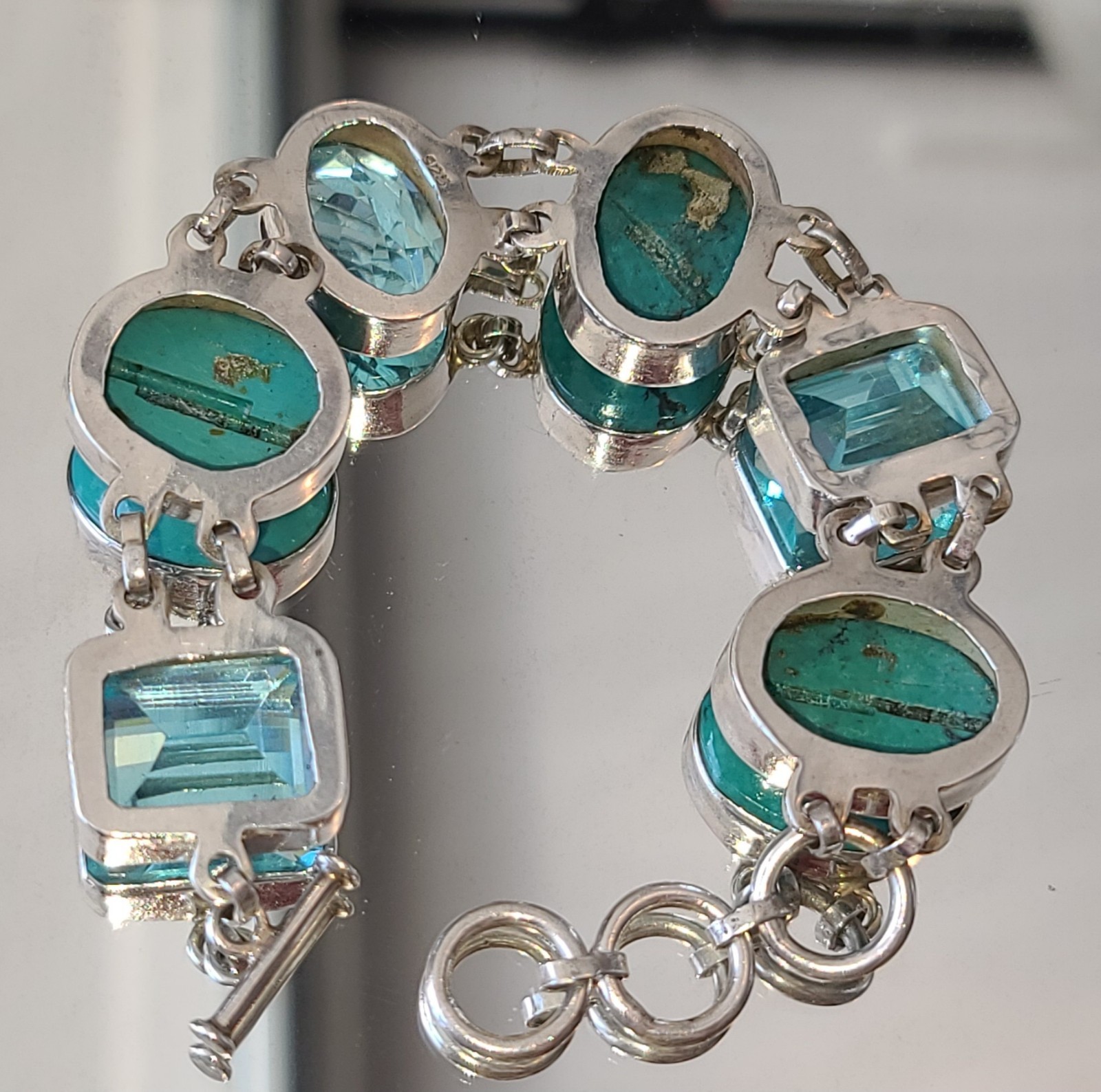 Stunning Sterling Silver Turquoise and Blue Topaz Adjustable Bracelet
