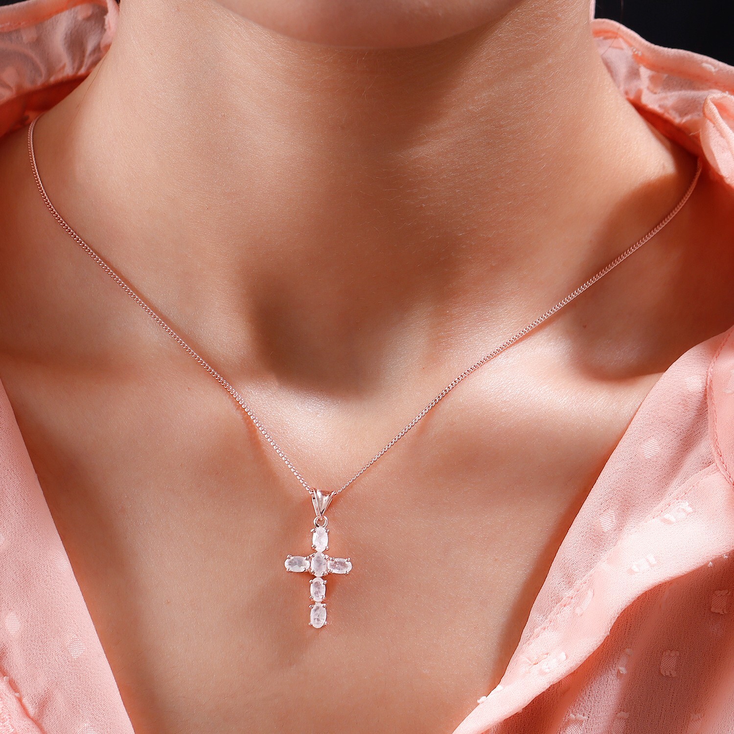 Rainbow Moonstone Cross Pendant Necklace in 925 Sterling Silver June Birthstone