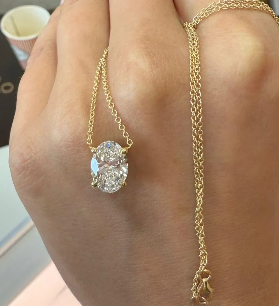 3.00Ct Oval-Cut EF/VS1 Lab Grown Diamond Prong Necklace& Pendant 14k Yellow Gold