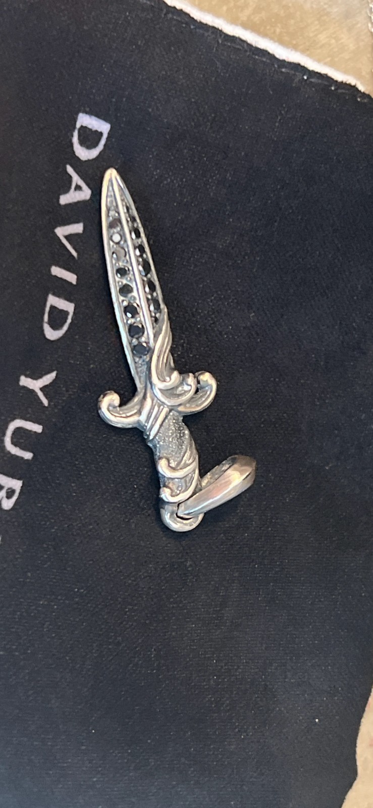 David Yurman Sterling Silver 925 Waves Dagger Amulet Pendant 2ct Black Diamonds