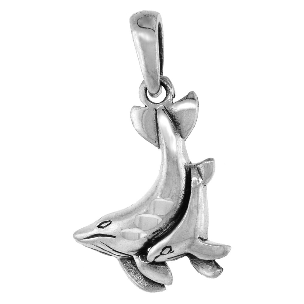 925 Sterling Silver Adult and Calf Whales Charm Pendant 1 1/8 Inch (28mm) Tall