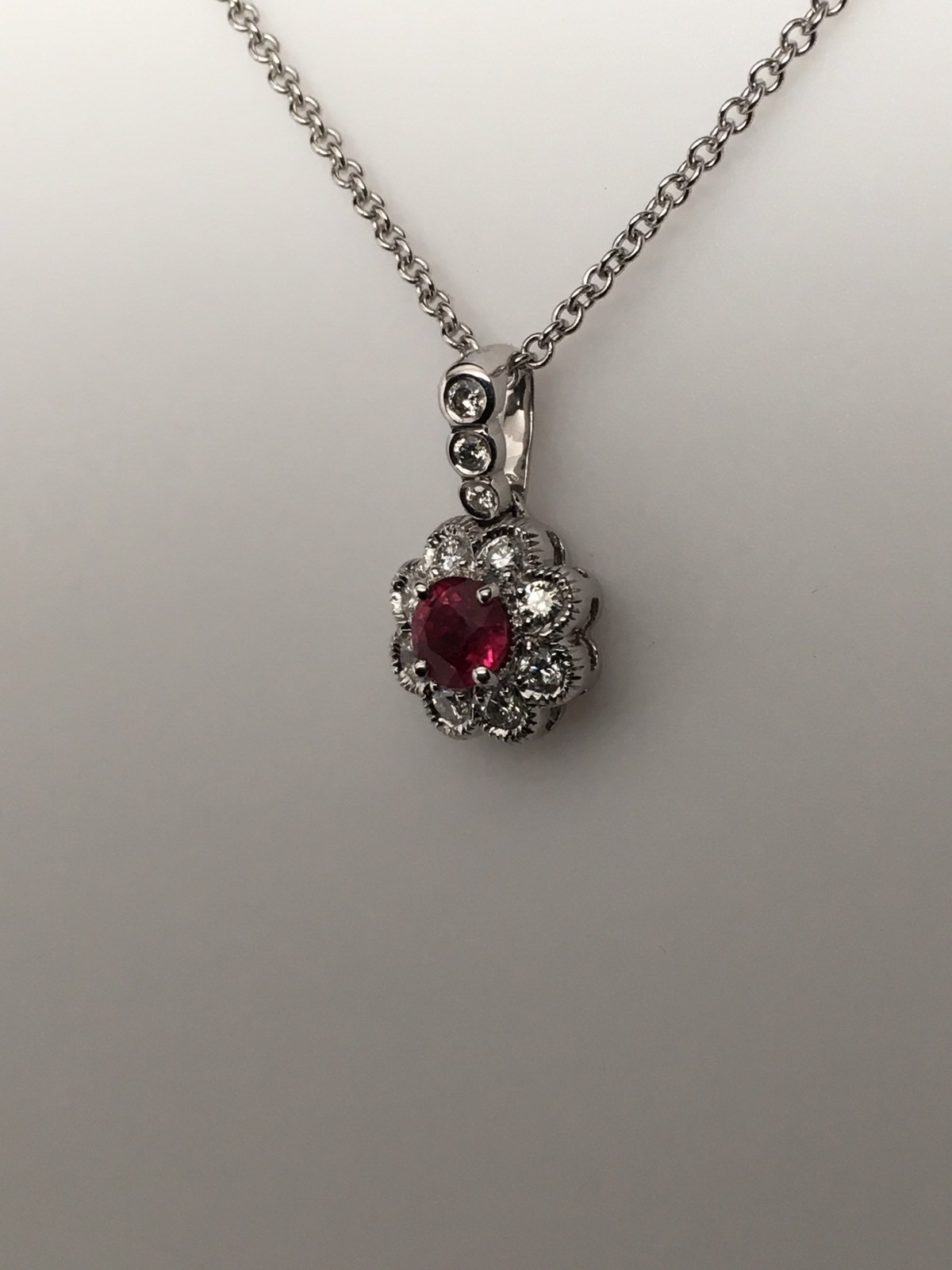18K White Gold Cherry Red Ruby and 0.20ct Diamond Pendant with Chain Brand New