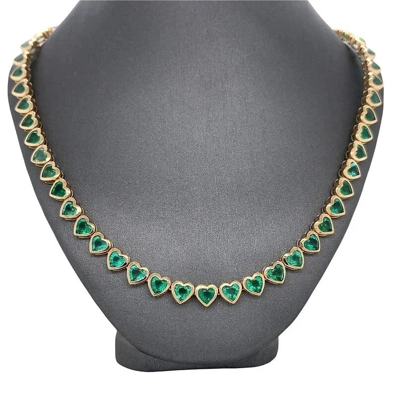 10Ct Heart Cut Lab-Created Emerald Tennis Necklace 14K Yellow Gold Plated