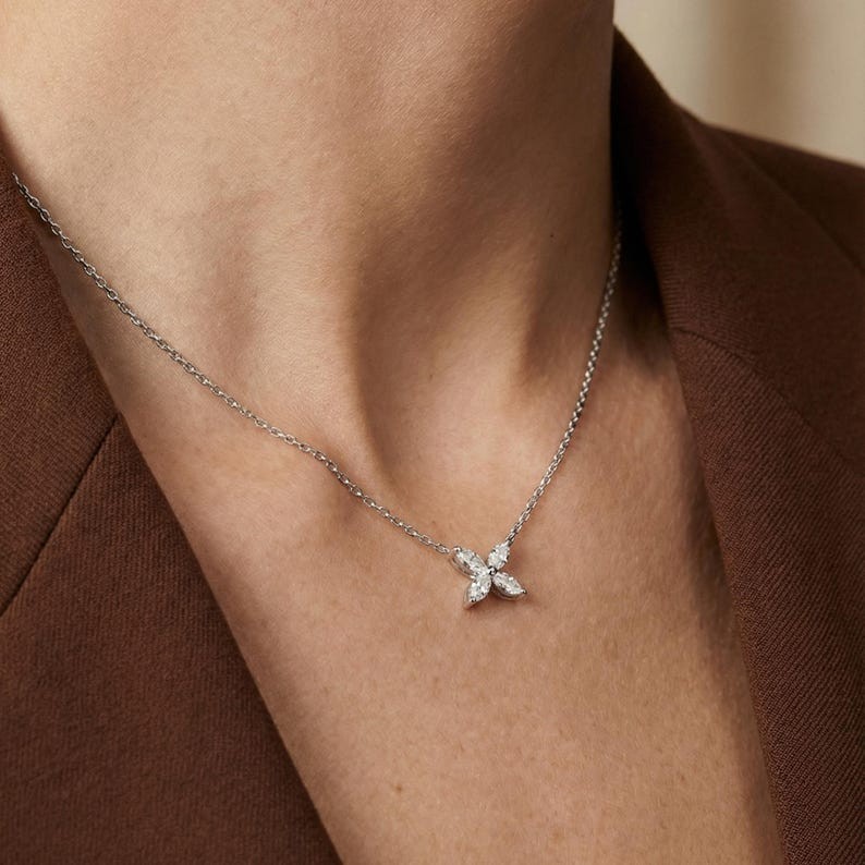 Marquise Cut Flower Necklace Four Petal Cluster Sterling Silver Floral Jewelry