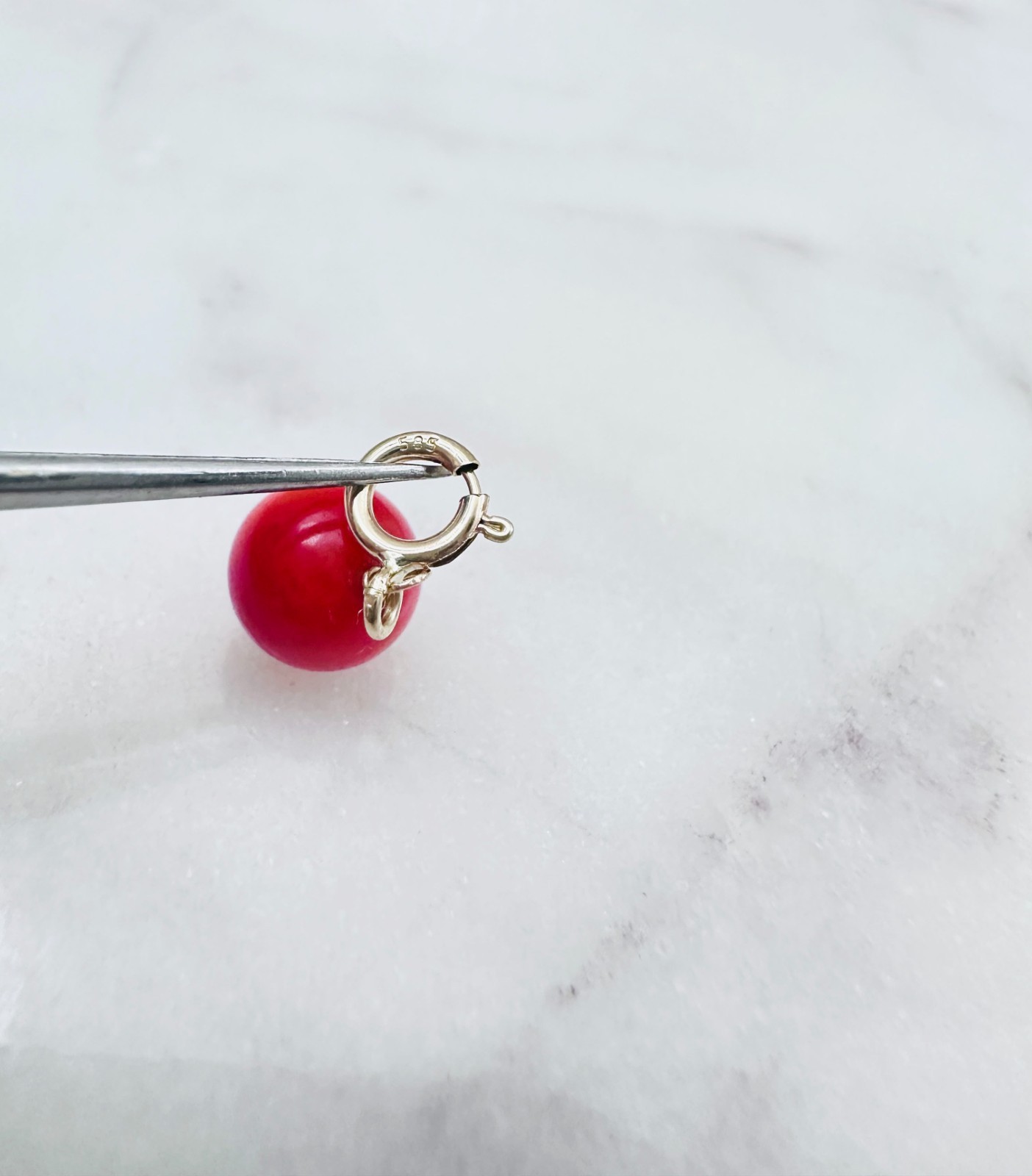 14K Solid Yellow Gold Small Round Red-Orange Coral Charm Pendant w/Spring Clasp