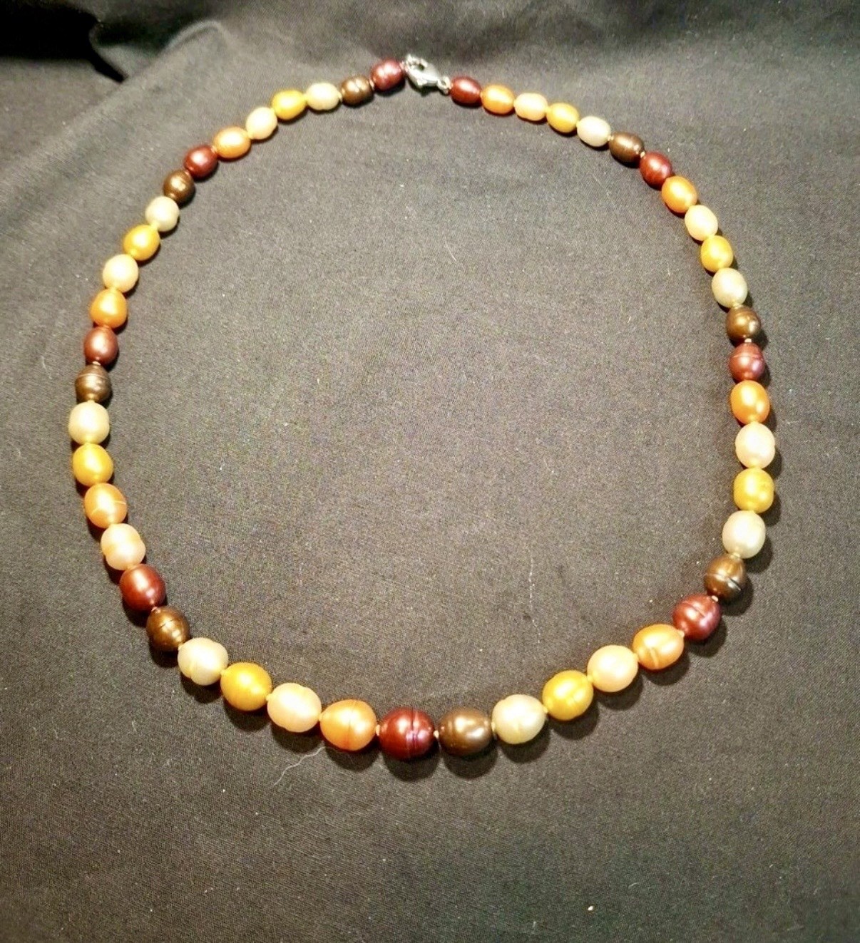 Signed HONORA Multi Mocha Oval Knotted 20in Pearl Necklace W/925 Sterling Clasp