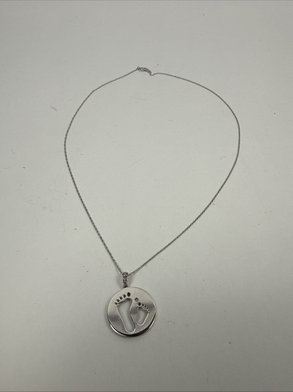 Tiny Toes Diamond Accent “Two Feet” Disc Pendant And Chain in 10K White Gold