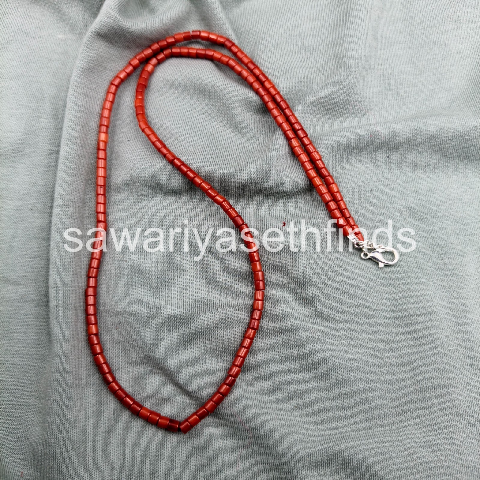 Red Coral 3mm Tube Beaded Necklace, Sterling Silver Clasp, Handmade Gemstone Jew