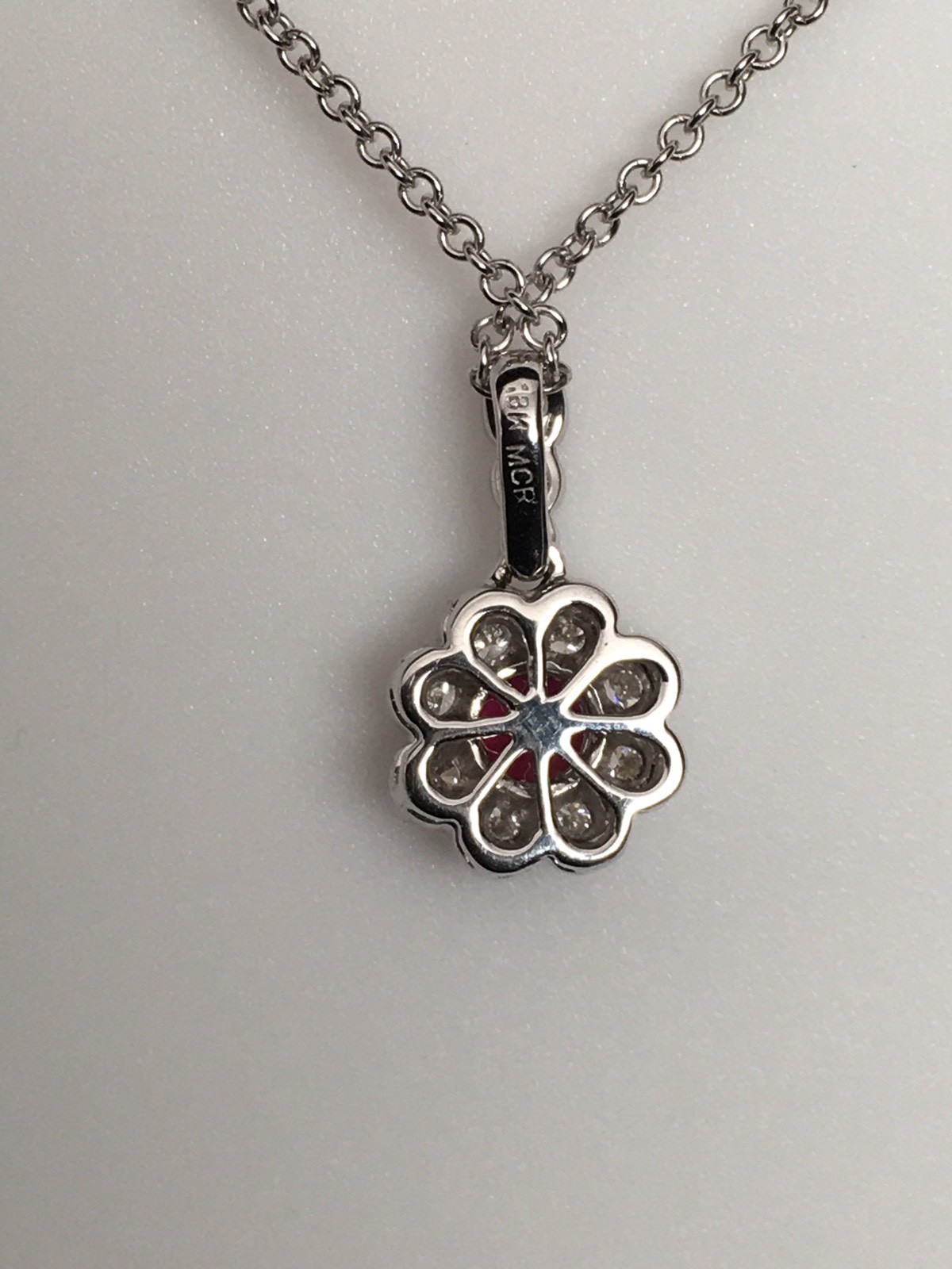 18K White Gold Cherry Red Ruby and 0.20ct Diamond Pendant with Chain Brand New
