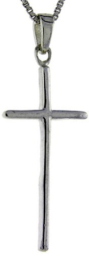 925 Sterling Silver Long Flat Rounded Edge Cross Pendant 1 1/2 Inch (38mm) Tall