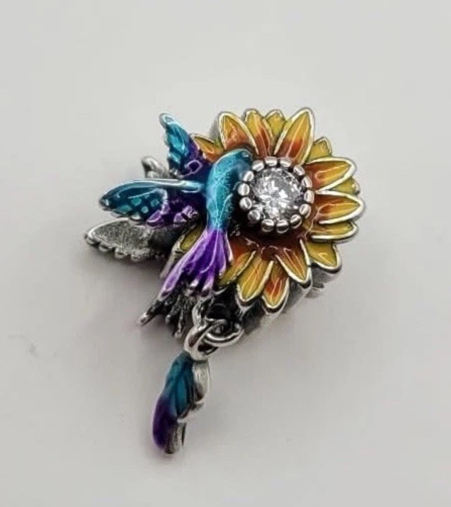 925 Sterling Silver Hummingbird & Sunflower Charm Pendant For Bracelet/Necklace