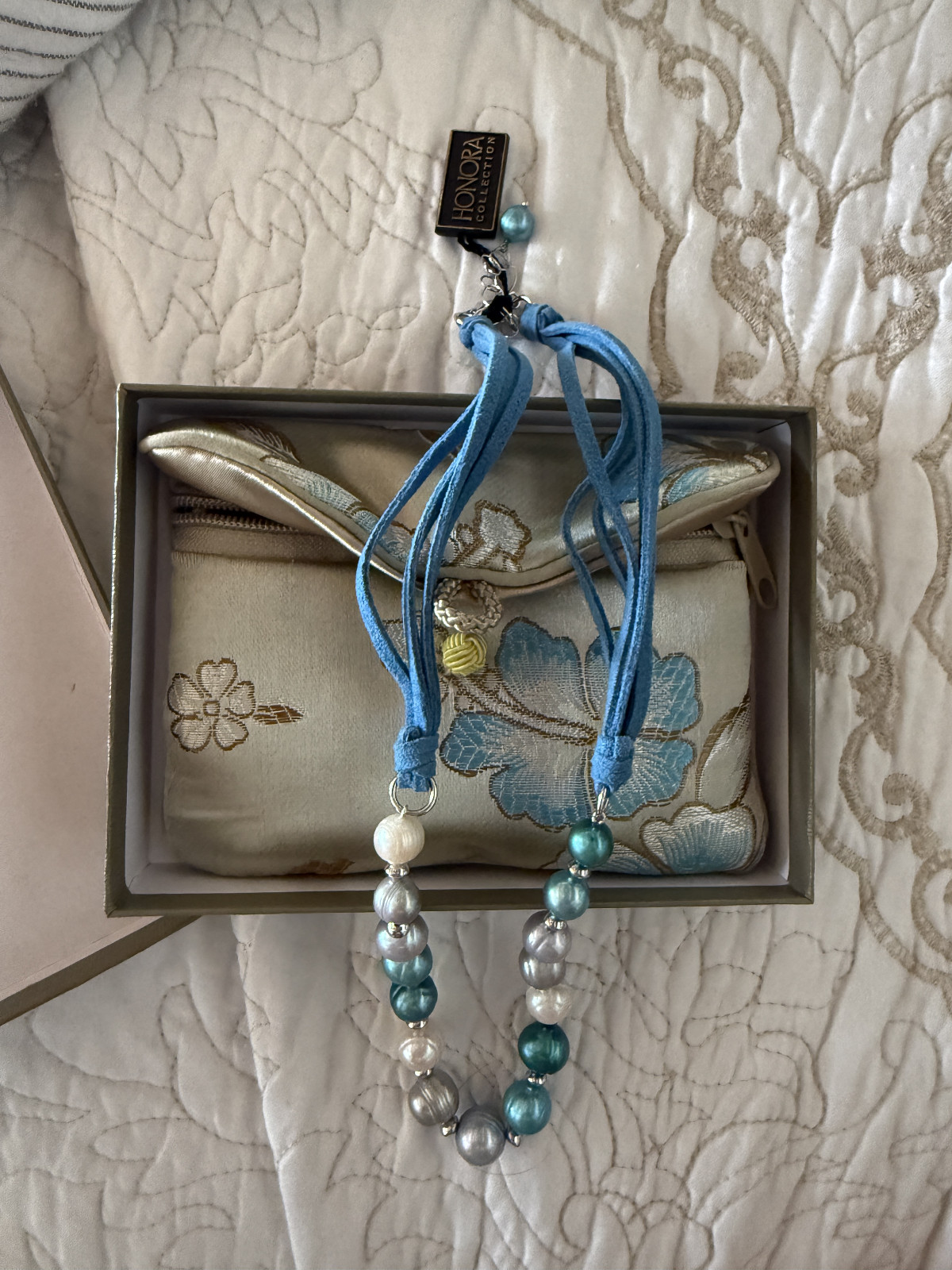 Honora Collection fresh water pearl necklace w blue suede