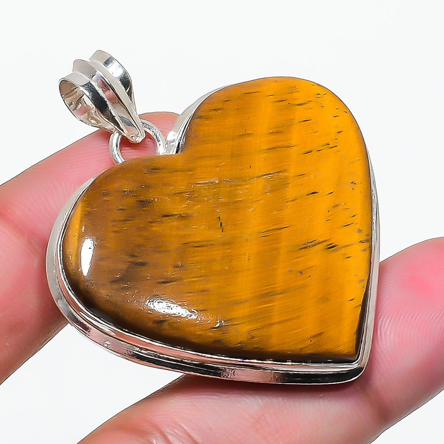 Tiger’s Eye 925 Sterling Silver Heart Gemstone Gift Jewelry Pendant 1.9″ FP 3682
