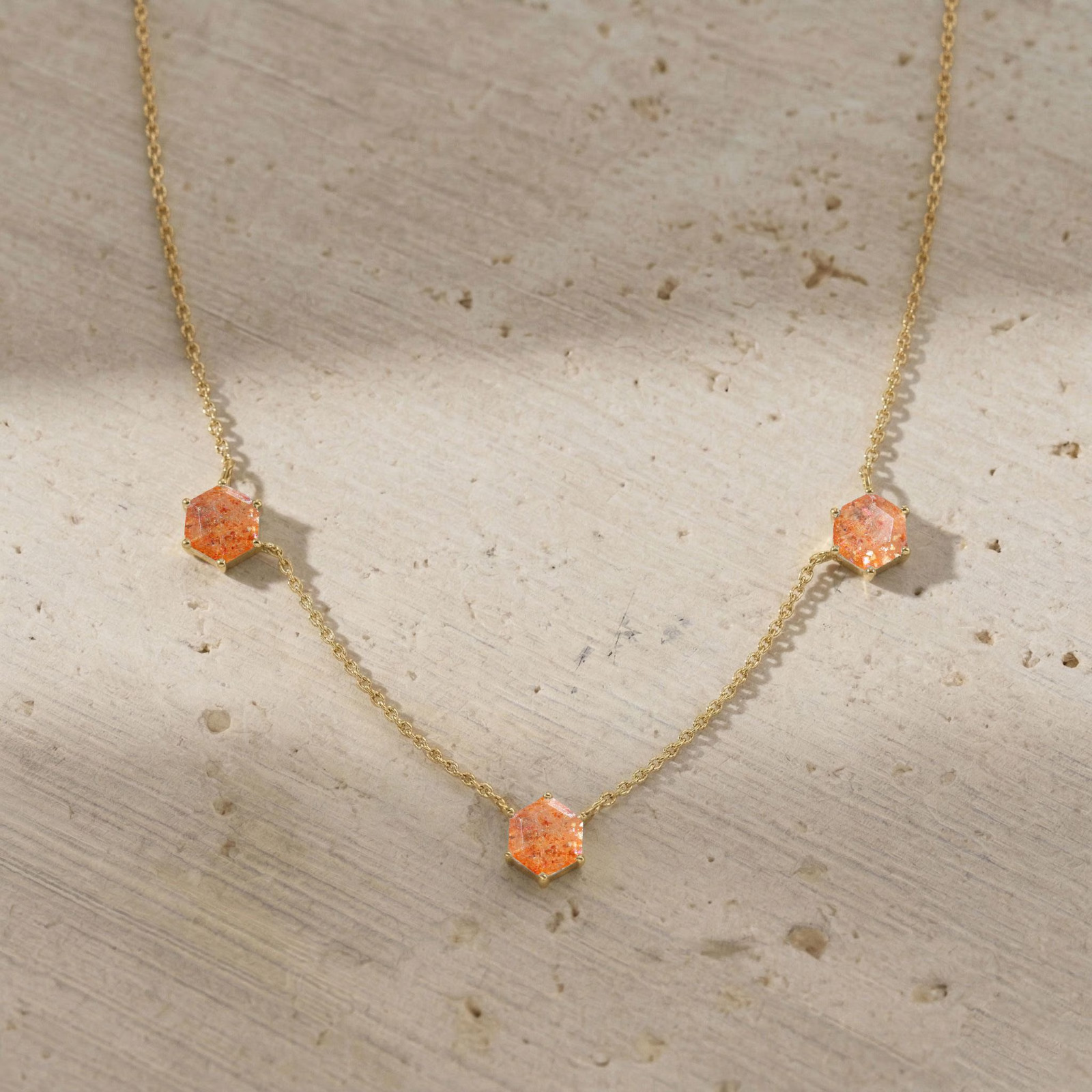 Sunstone Station Necklace, Warm Tone Gemstone Necklace, Hexagon Sunstone Jewelry