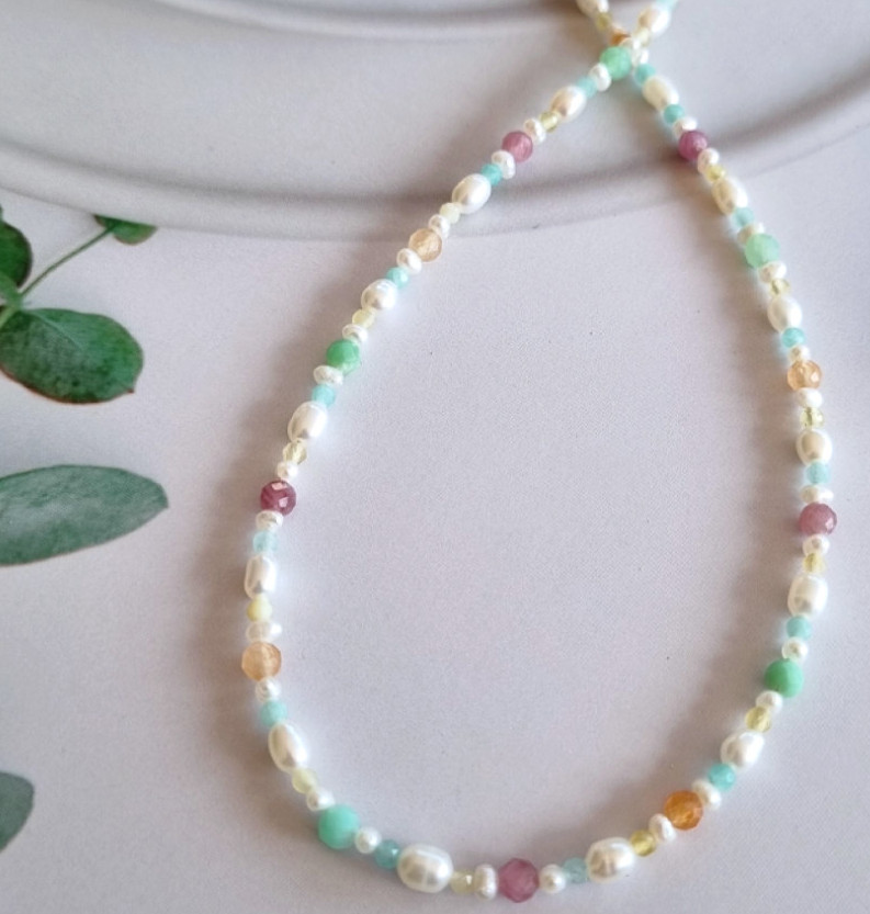 Delicate Pearl Beaded Choker Necklace 925 Silver Clasp Multi-Color Gemstone