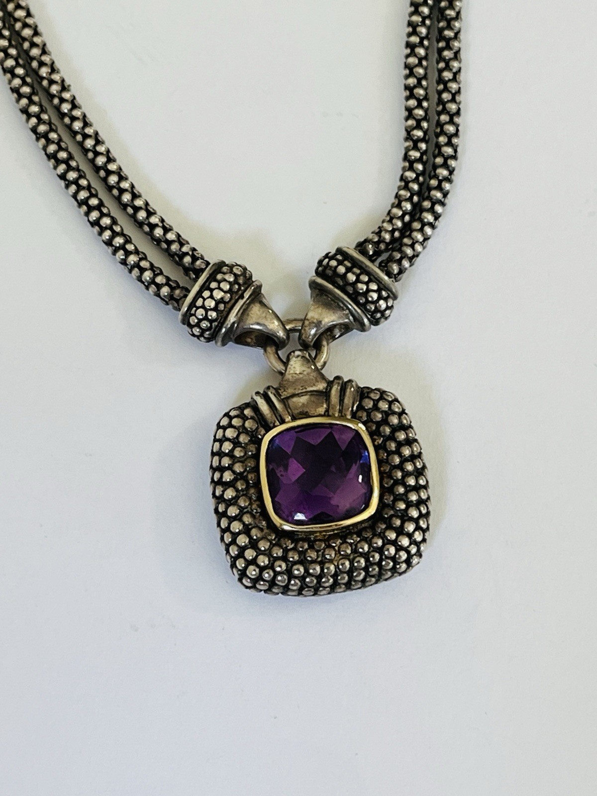 Vintage Sterling Silver 18k Gold Amethyst Pendant Popcorn Double Chain Necklace