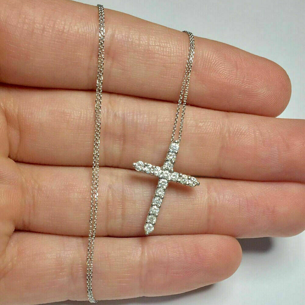 1.00 Ct Round Cut Diamond Cross Pendant W/18″ Free Chain 14K White Gold Finish