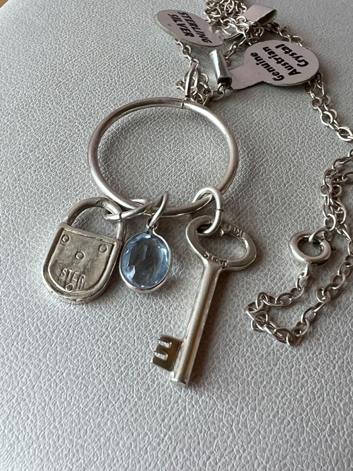 KEY, LOCK, BLUE CRYSTAL LARIAT PENDANT NECKLACE LONG CHAIN 925 STERLING SILVER