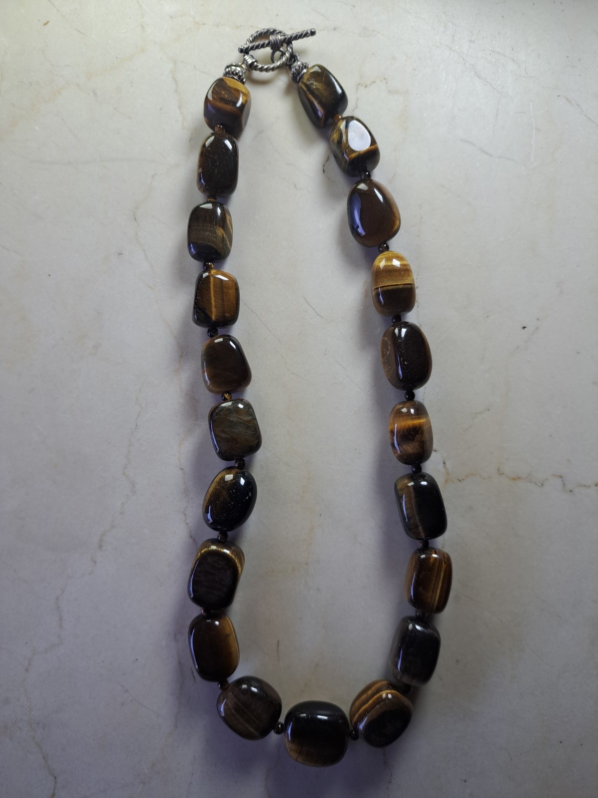 VINTAGE 18″ SX Sterling Silver & Tiger’s Eye Beaded Toggle Clasp Necklace