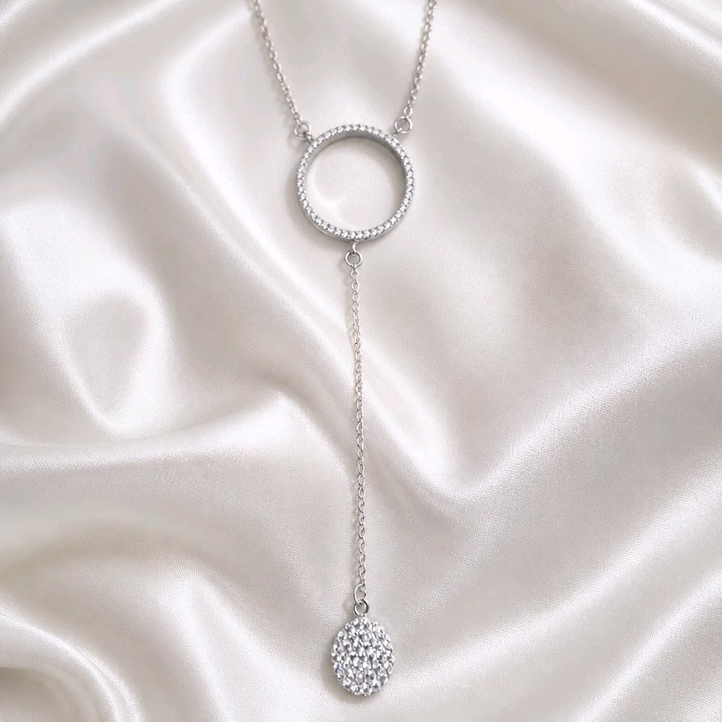 Sterling Silver CZ Circle Drop Necklace 40cm 3cm Extension Sparkling Pendant