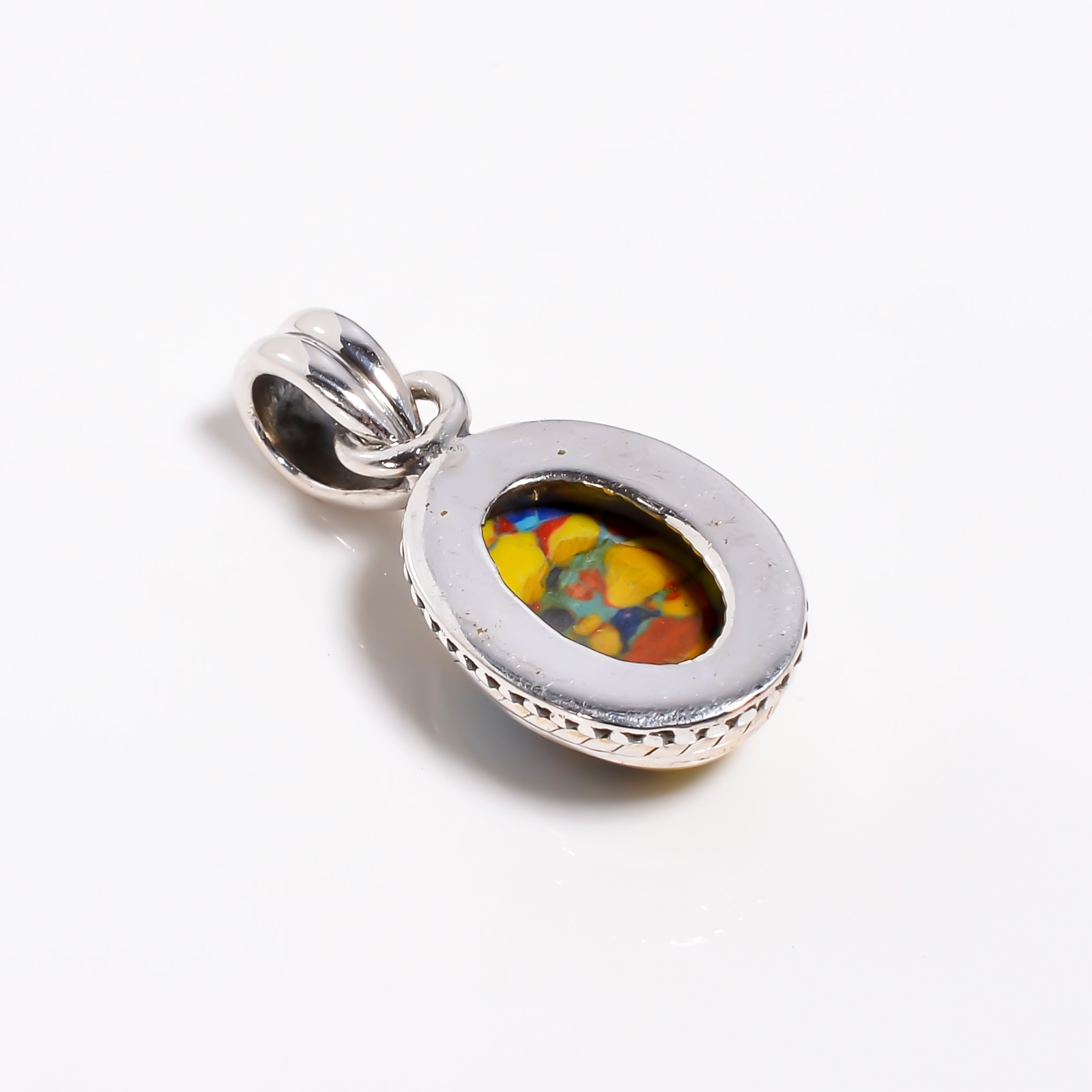 Handmade Yellow Mosaic Jasper Silver Pendant, Boho Anniversary Gift for Her