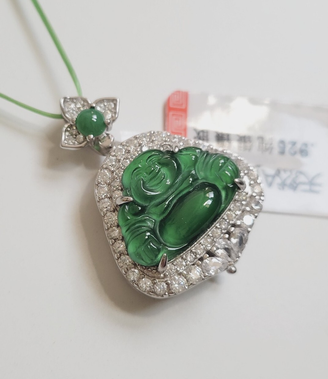 Certified Green Jade Buddha silver pendant inlaid Icy light green Buddha 满绿翡翠开心佛
