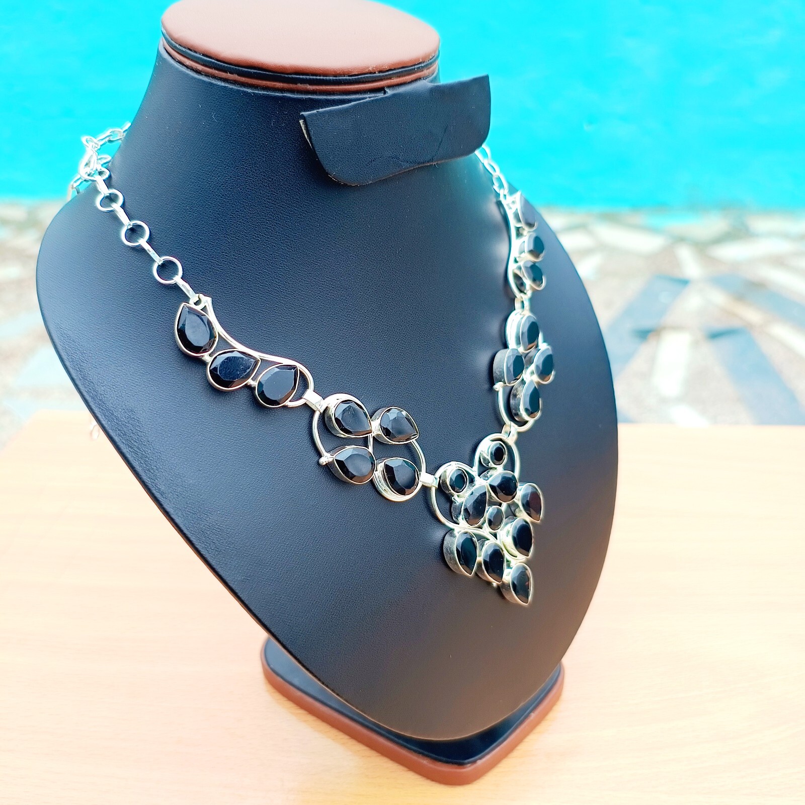 Black Onyx Natural Gemstone Necklace 925 Sterling Silver Handmade Jewelry Gift