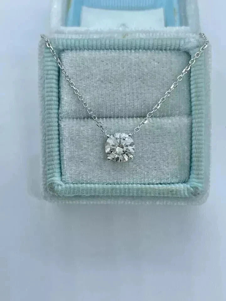 1.00Ct Round Cut Moissanite Solitaire Pendant Free Chain 14K White Gold Finish