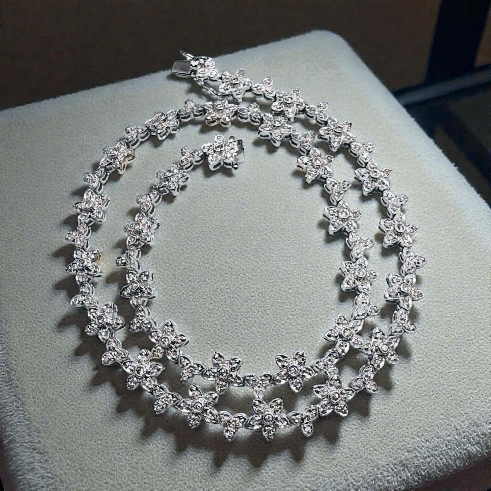 18k White Gold 1.28ctw Diamond Flower Riviere Necklace Deco Style 16″ 32g