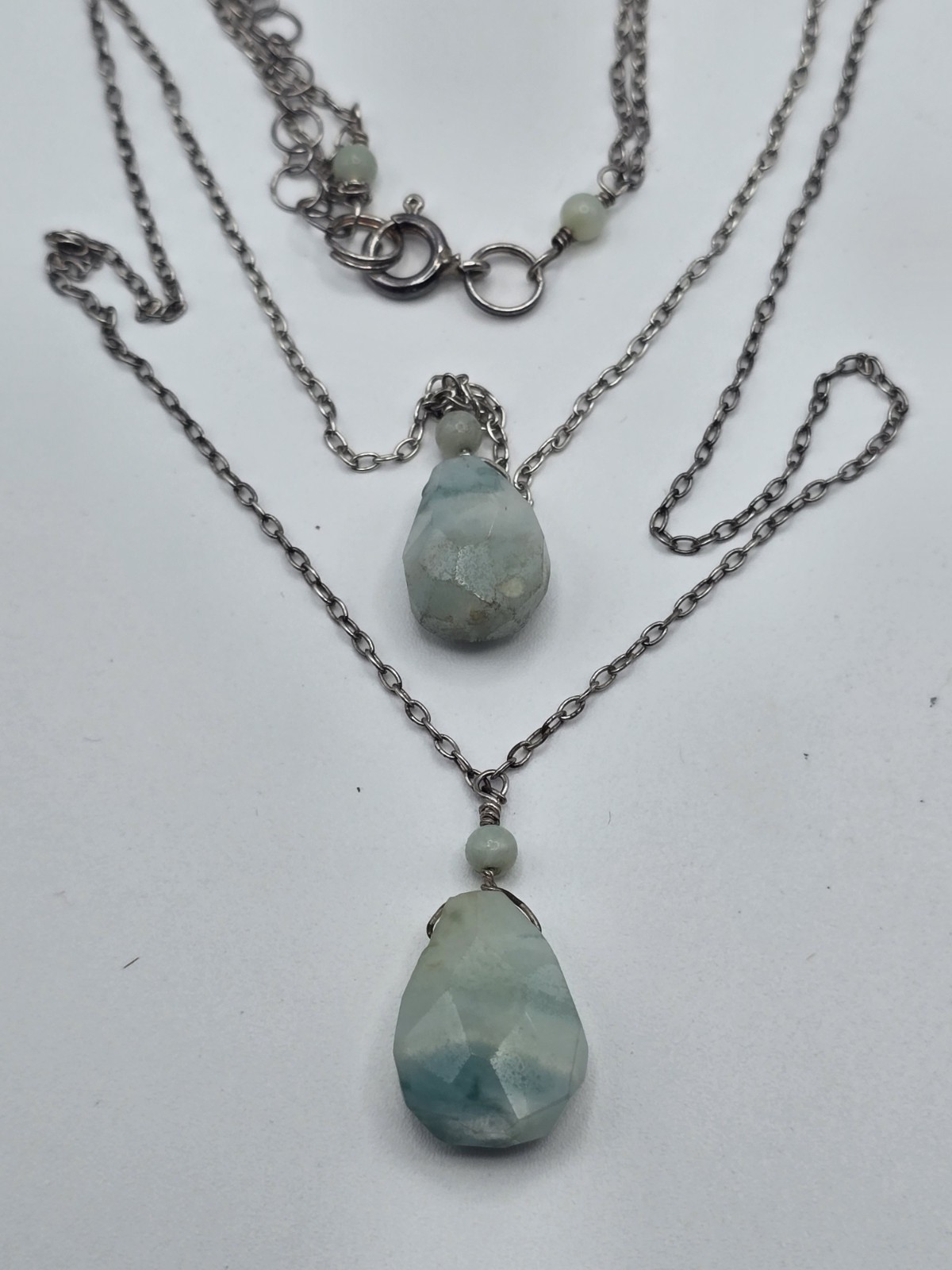 925 Sterling Silver Layered Double Chain Necklace Faceted Gemstone Pendants 16″
