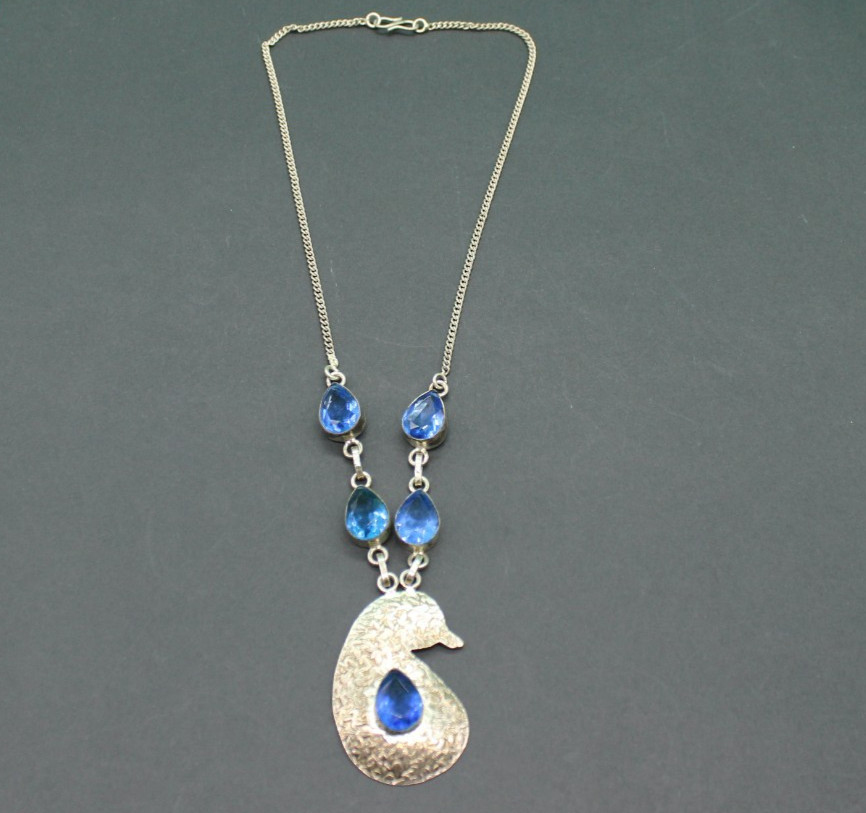 Sterling Silver 925 Bird Themed Pendant Necklace With Blue Stones