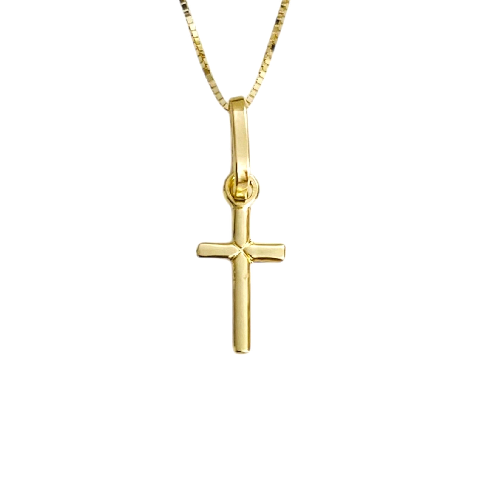 14k Solid Gold 0.7″ Cross Pendant – 14kt 0.5mm Box Chain 16”- 18”- 20″ – PT143