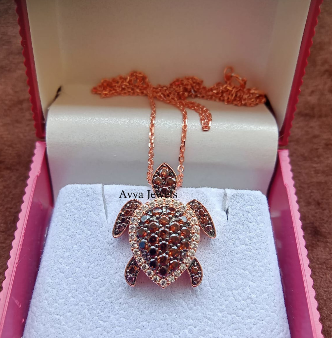 2 CT Round Brown Diamond Aloha Turtle Sea Pendant Necklace 14K Rose Gold Plated