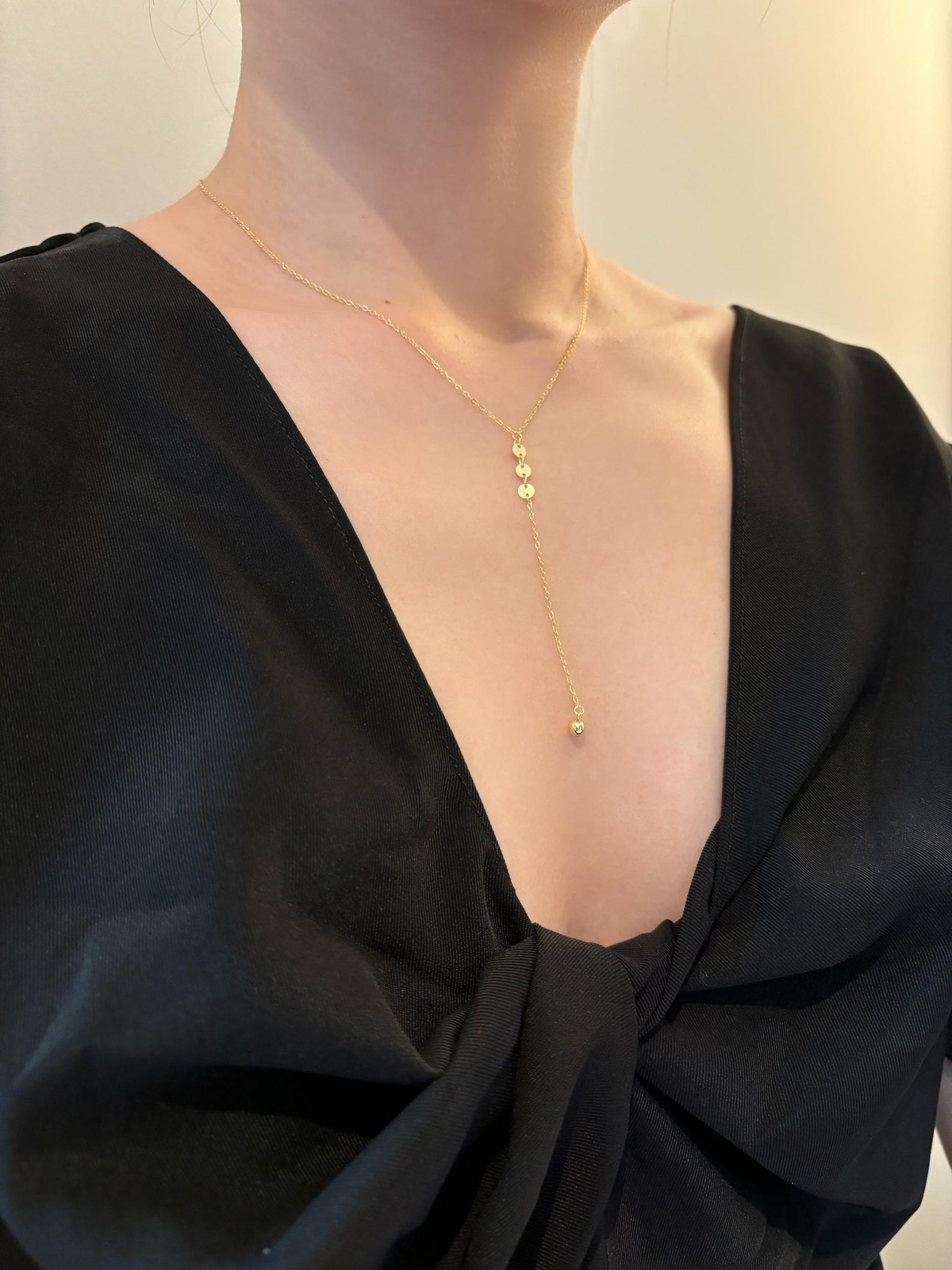 14K Gold Plated S925 Sterling Silver Chain Y Lariat Necklace Sequin Bead Pendant