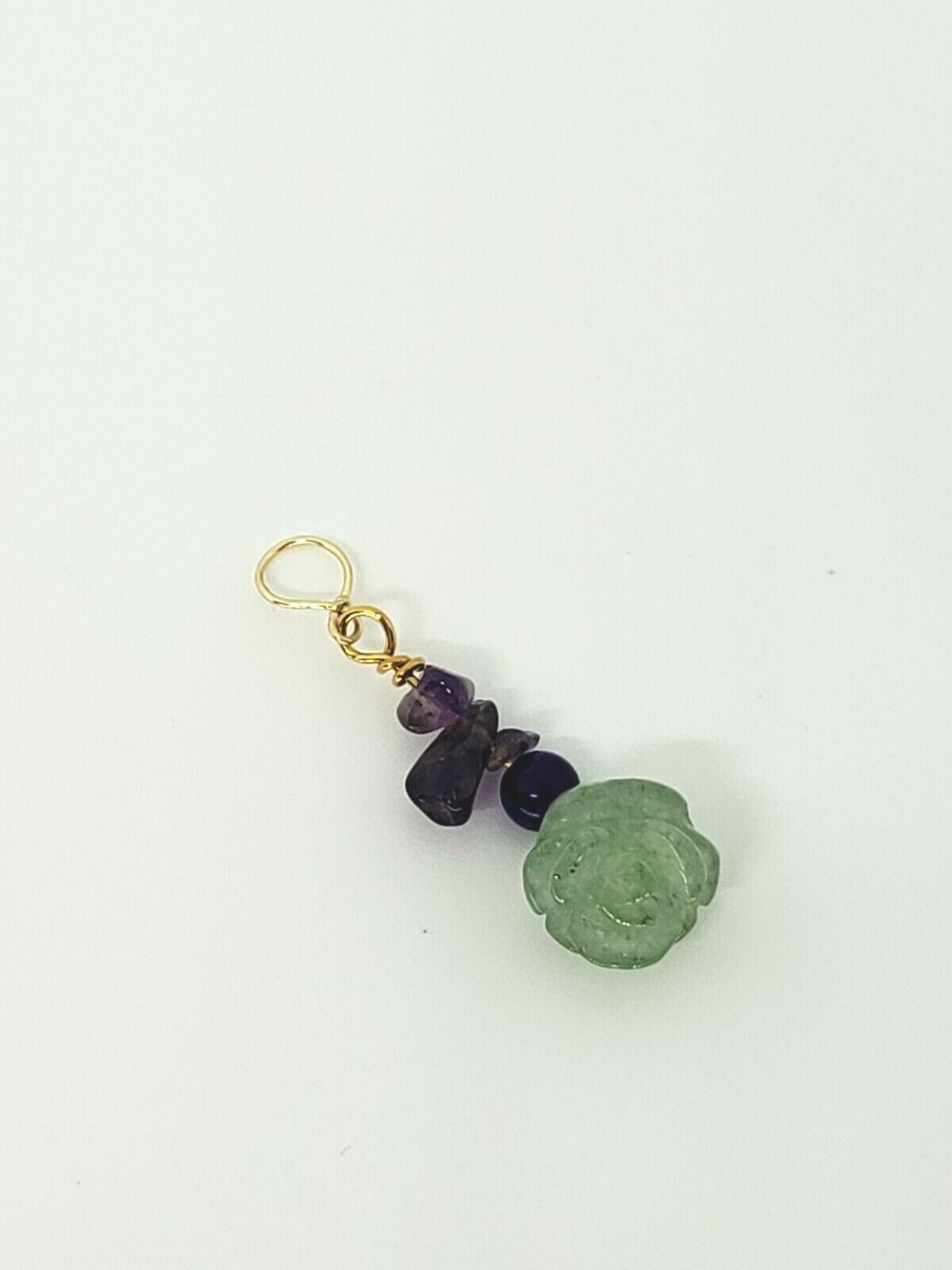 14k Yellow Gold Green Aventurine Carved Flower with Amethyst Nuggets Pendant