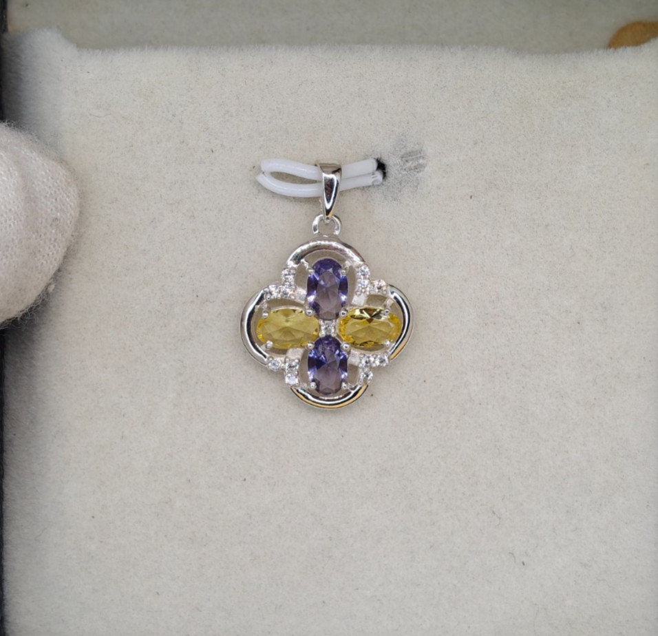 Amethyst Citrine Silver Pendant, Floral Gemstone Necklace, Handmade Gift for Her