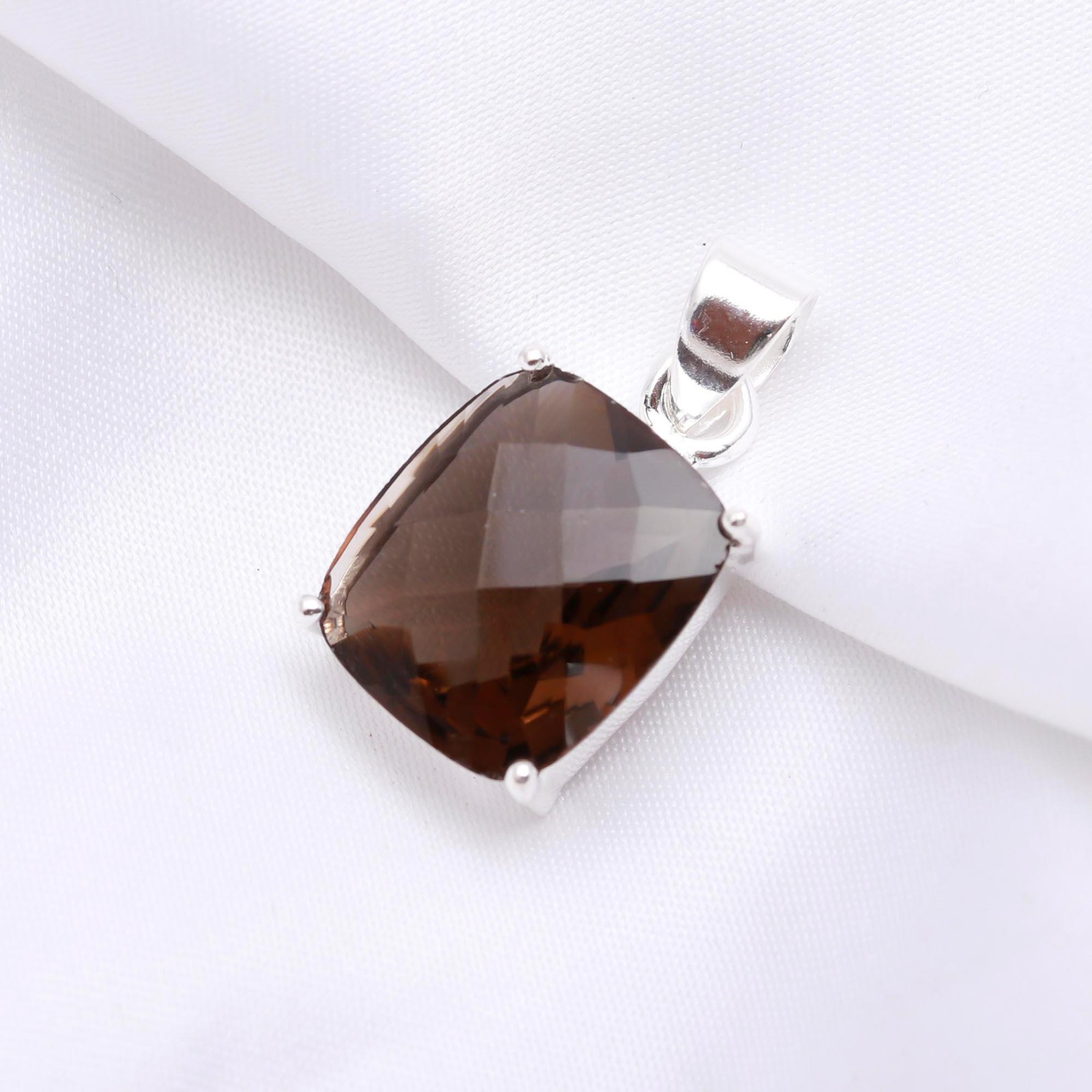 Smoky Quartz Cushion Pendant 925 Silver Mens Engagement Gift For Him