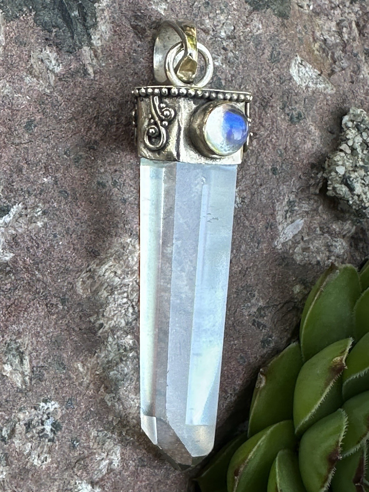 Ethereal Rainbow Moonstone & Clear Quartz Crystal Point Pendant 925s Silver