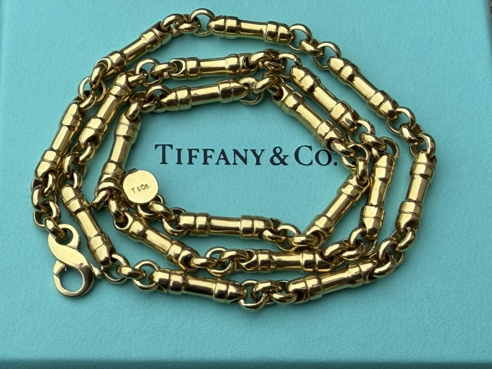 Tiffany & Co 18K Gold Barrel Bar Link 4mm Chain Necklace, 20 Inches, 45.2 Grams