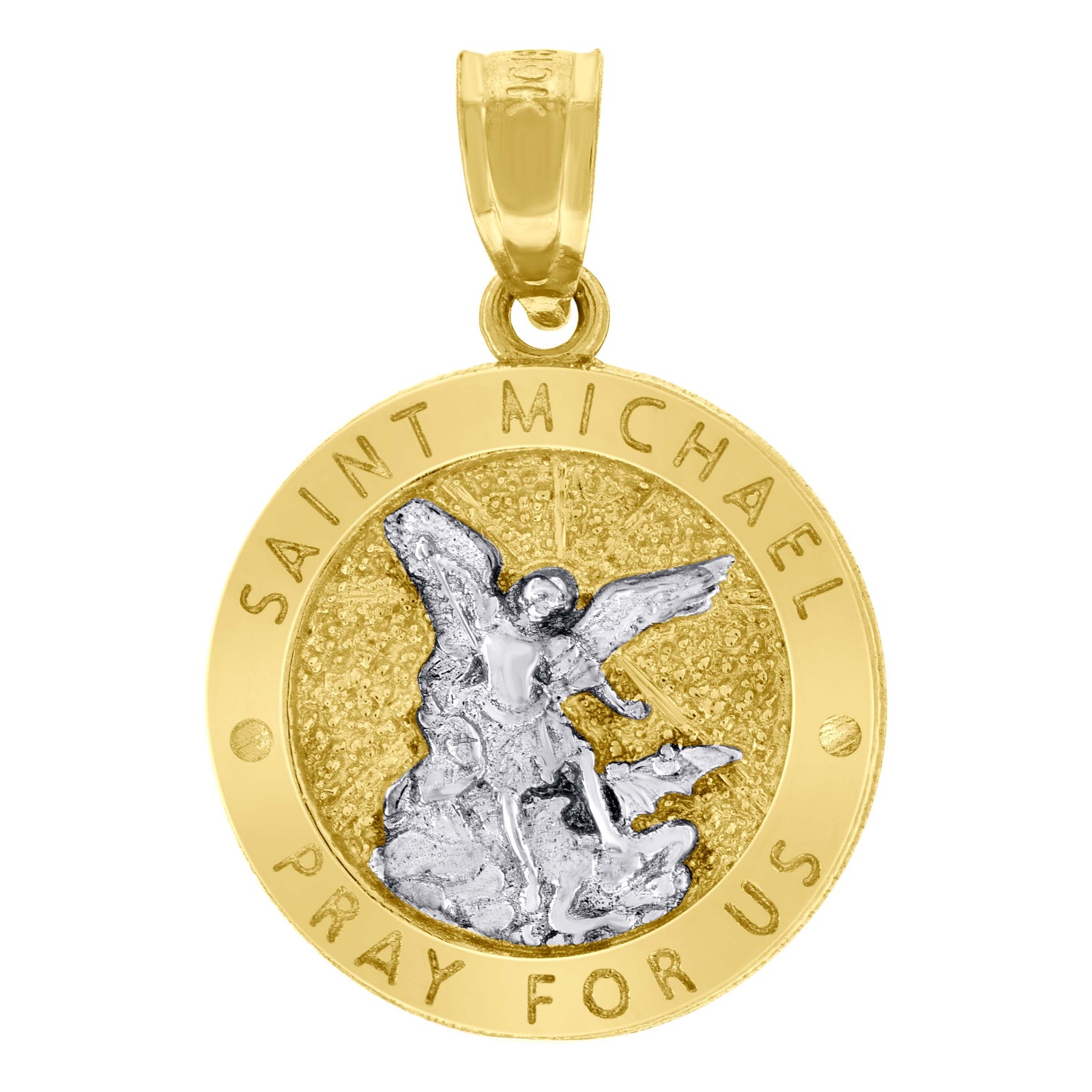 10kt TwoTone Gold Unisex Textured Saint Michael Pray For Us Religious Ch Pendant