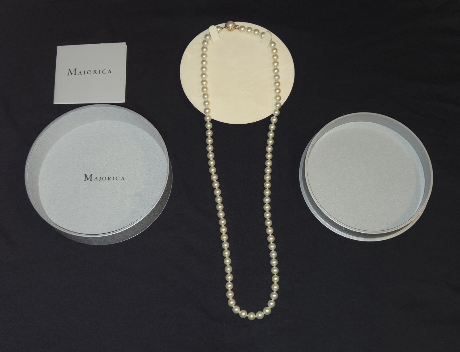 Majorica Pearl Necklace 30in Sterling Silver Gold Clasp Original Box.