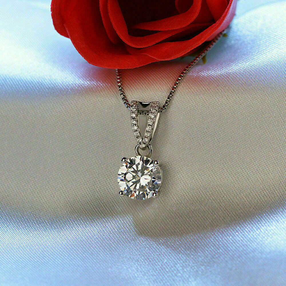 2Ct Round Cut Diamond Solitaire Pendant Necklace 14K White Gold Finish