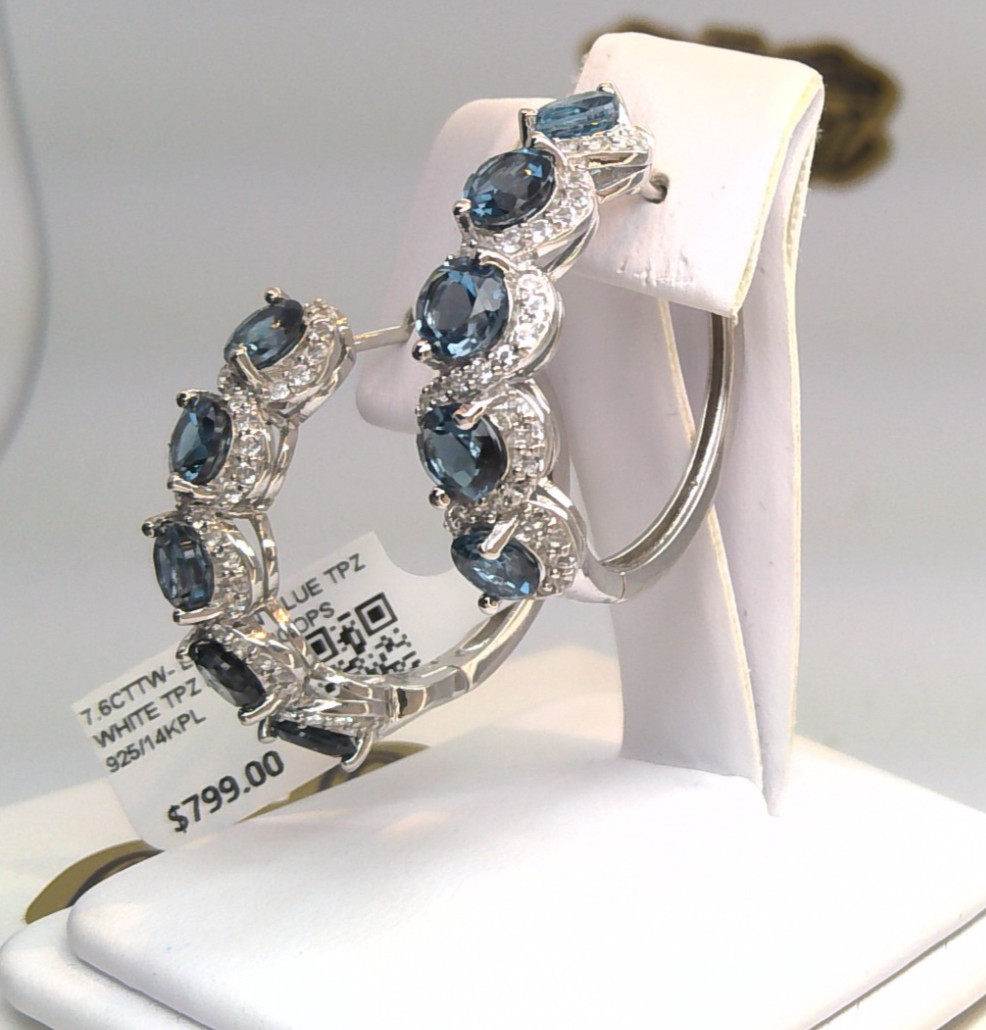 7.6CT NATURAL LONDON BLUE TOPAZ/WHITE TOPAZ SOLITAIRE HOOP EARRINGS SS/14KPL 925