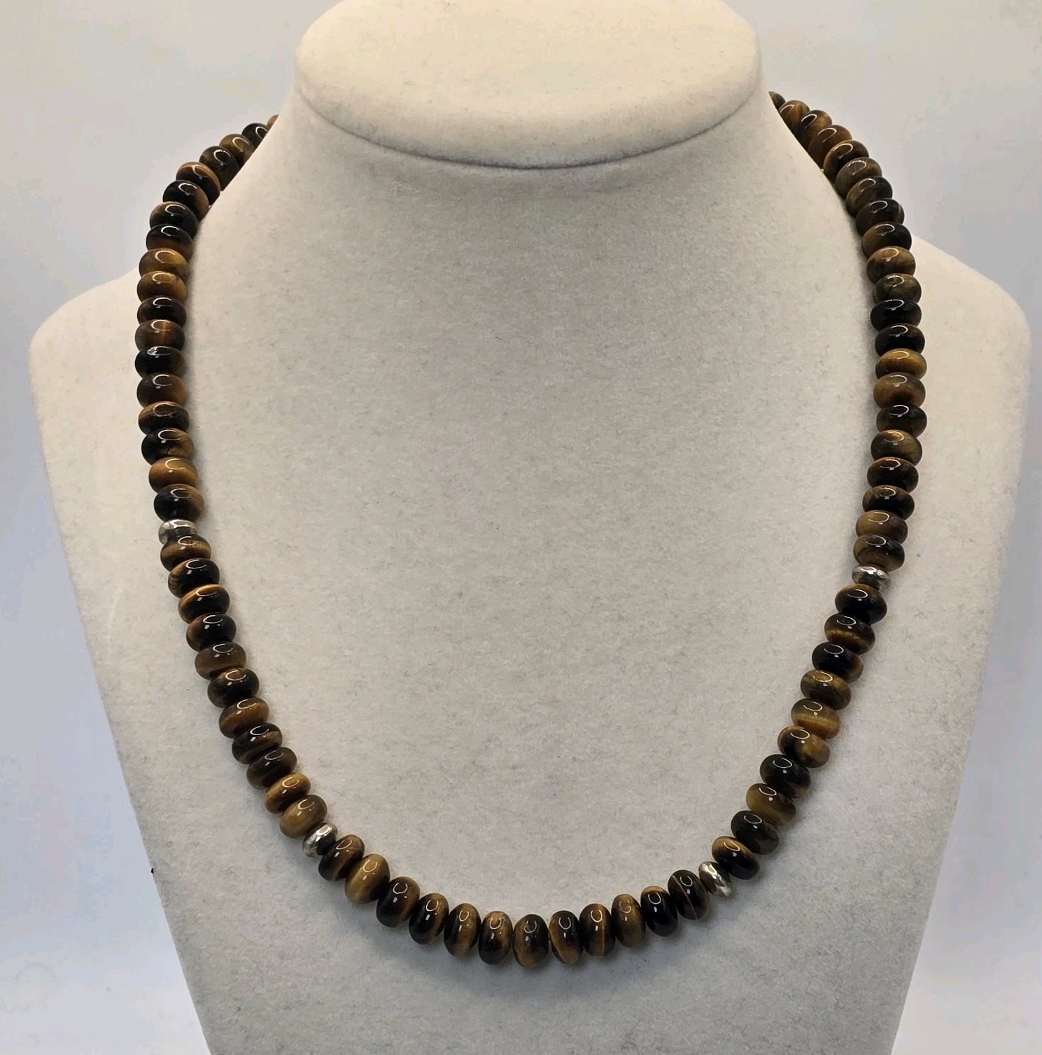 Tiger’s Eye Rondelle Beaded Necklace 18-21” Sterling Silver 925 Hook Clasp